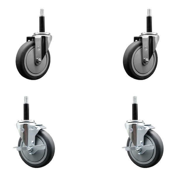 5'' Thermoplastic Rubber Wheel Swivel 3/4'' Expanding Stem Caster Set 2 Brakes, 4PK